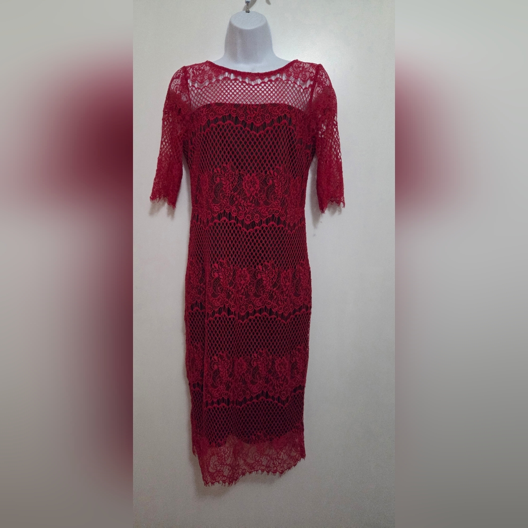 Thalia Sodi Red Lace Midi Bodycon Dress Small